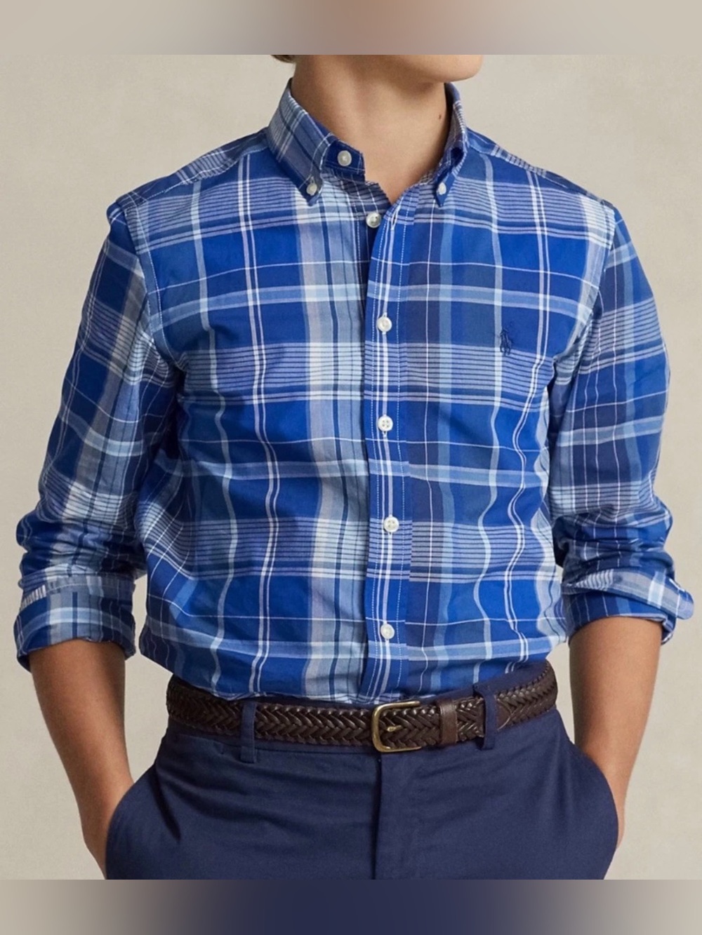 Polo Ralph Lauren Plaid Cotton Poplin Stretch Shirt Blue Sz XL (18/20) NWT